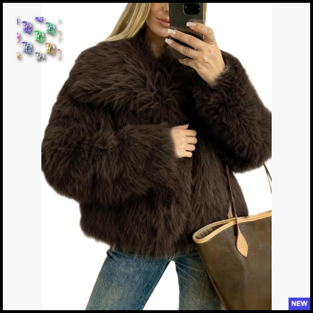 Faux Fur Cropped Jacket Long Sleeve Lapel Collar Warm Shaggy Overcoat Chic